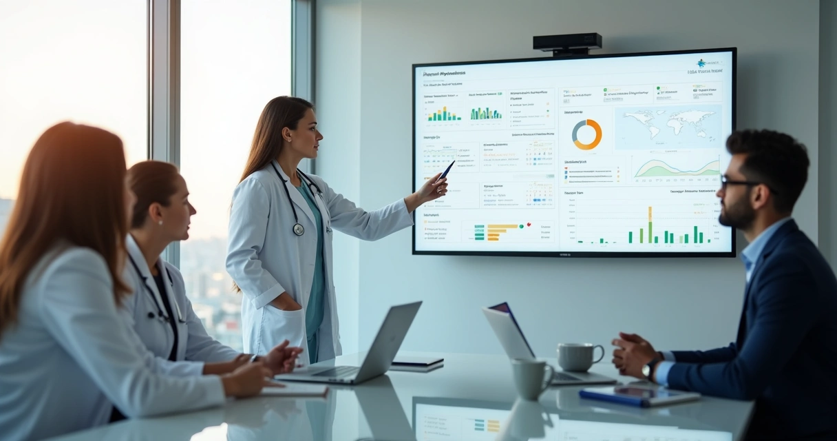 Médica analisando painel de CRM médico com dados de pacientes em clínica moderna 