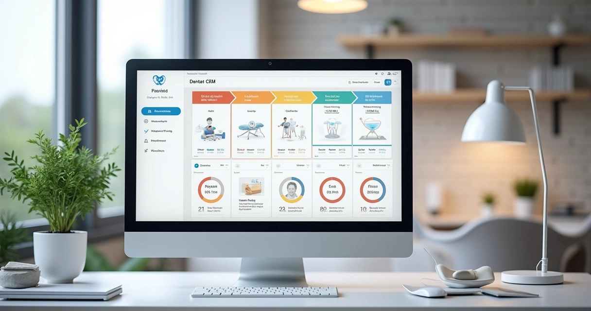 Tela de CRM odontológico exibindo funil de vendas e contatos 