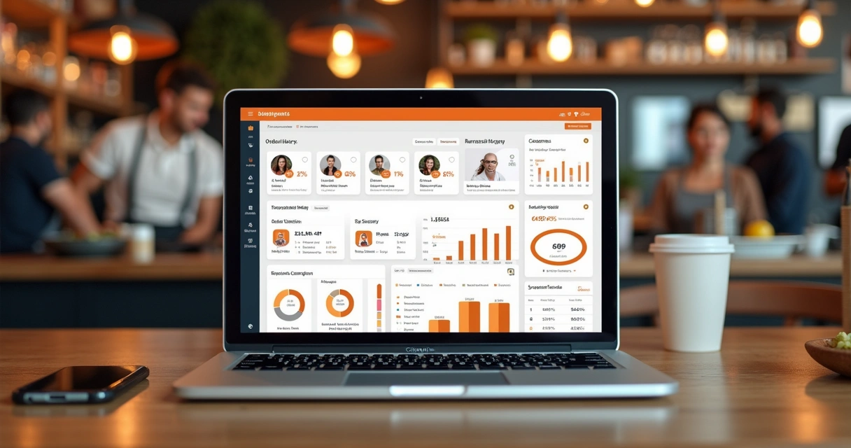Painel de CRM em restaurante com dados de clientes e pedidos 