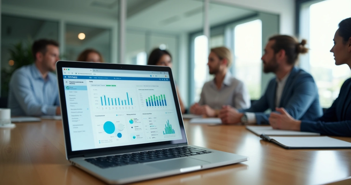 Painel de CRM em notebook com gráficos de vendas e equipe em reunião 