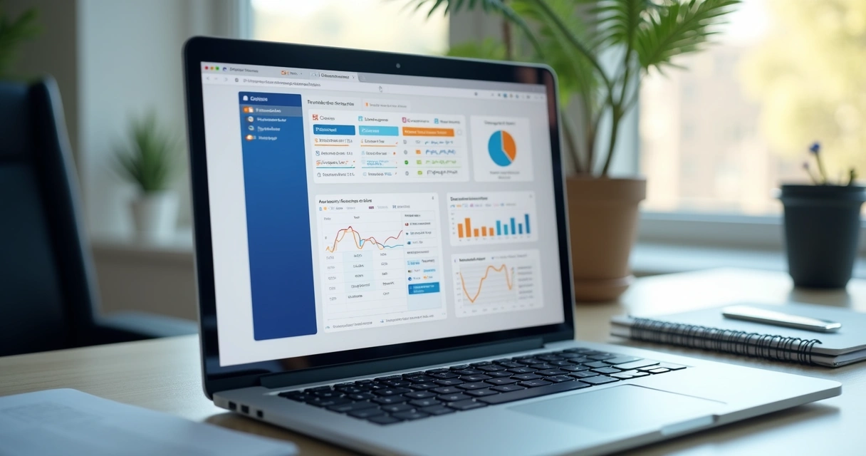 CRM dashboard with sales pipeline and reports on a laptop