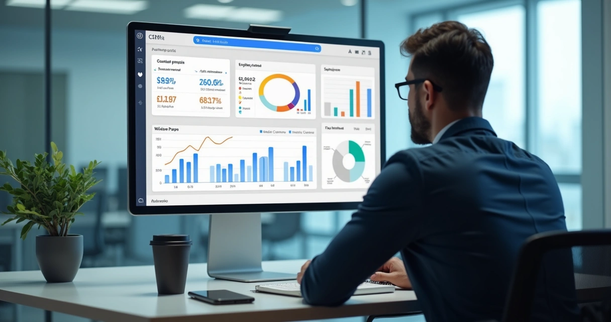 Painel de CRM com funil de vendas e gráficos em escritório corporativo 