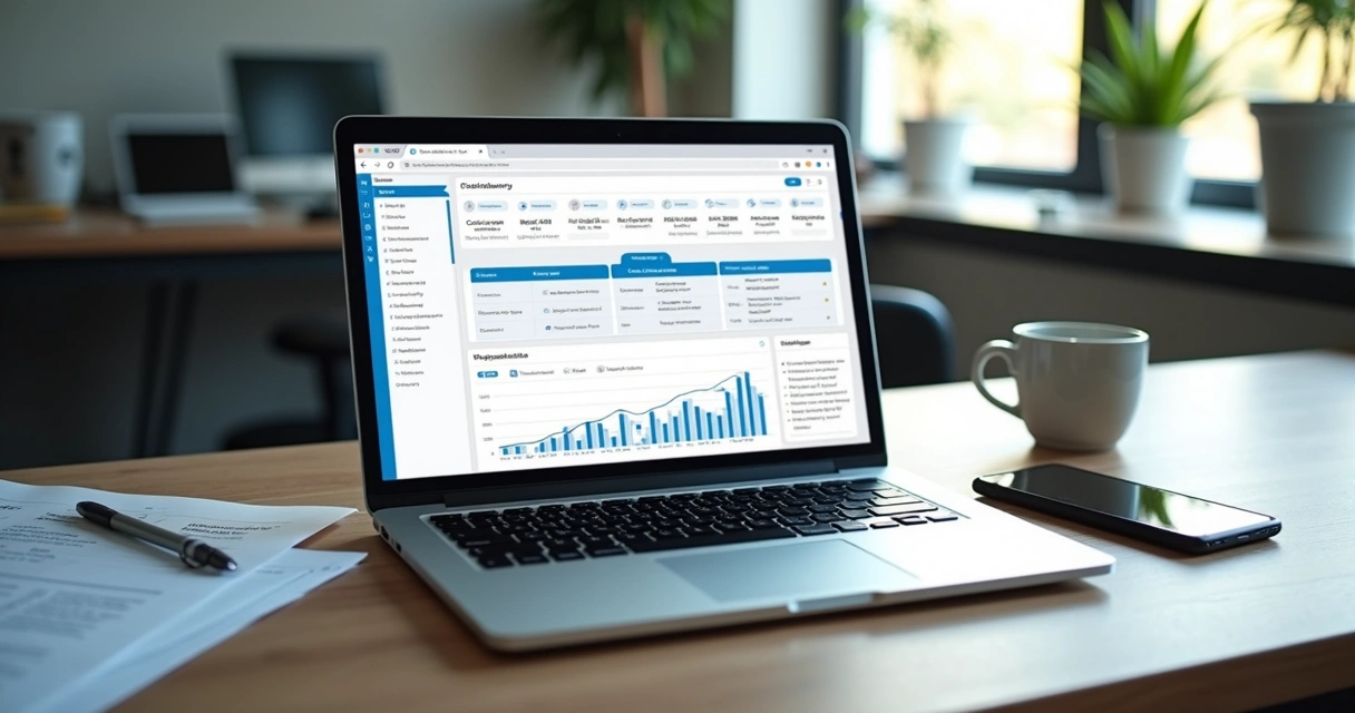 CRM dashboard with sales funnel and reports on screen