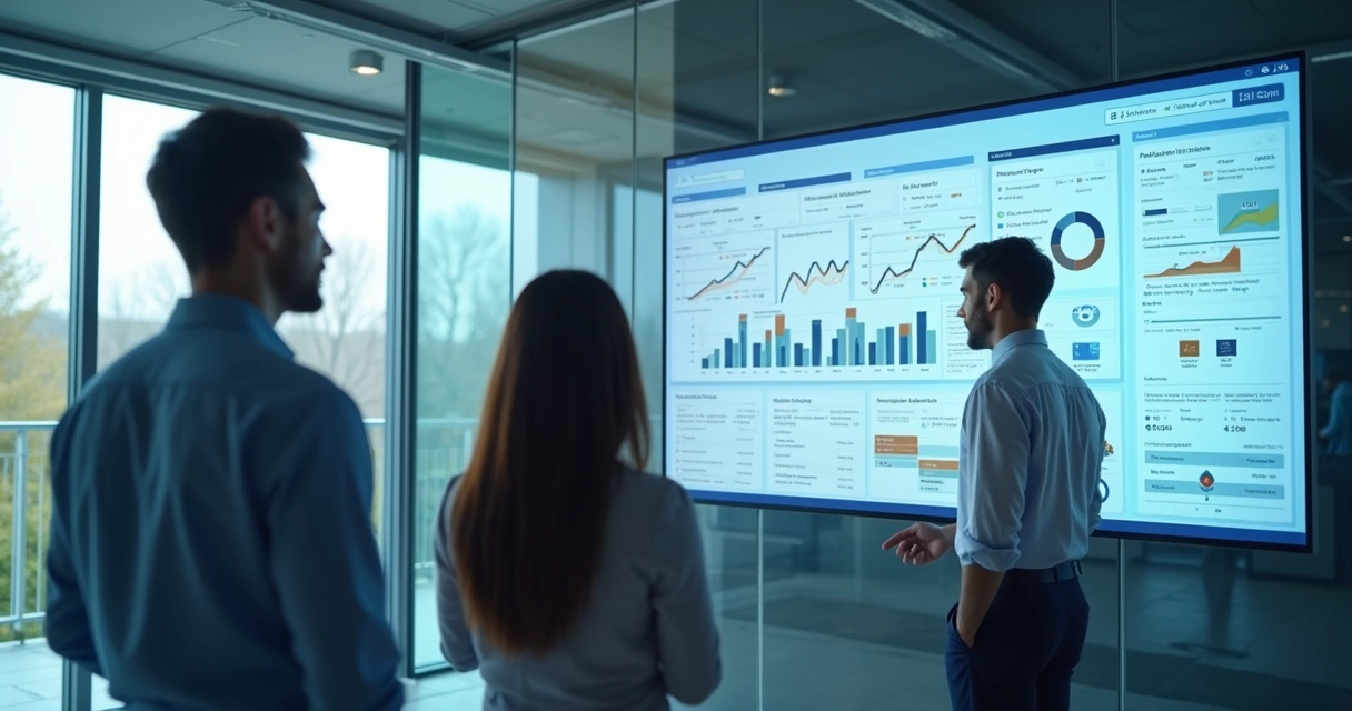 Equipe olhando painel de vendas com pipeline e métricas 