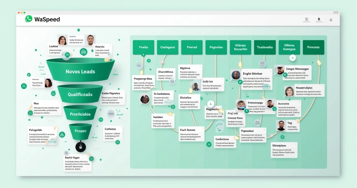 Kanban de funil de vendas com contatos no WhatsApp