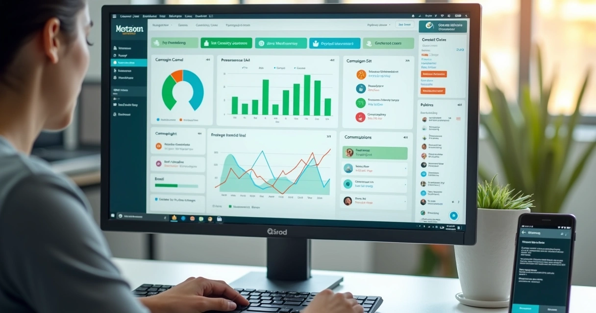 Painel de CRM com mensagens no WhatsApp e métricas de campanha