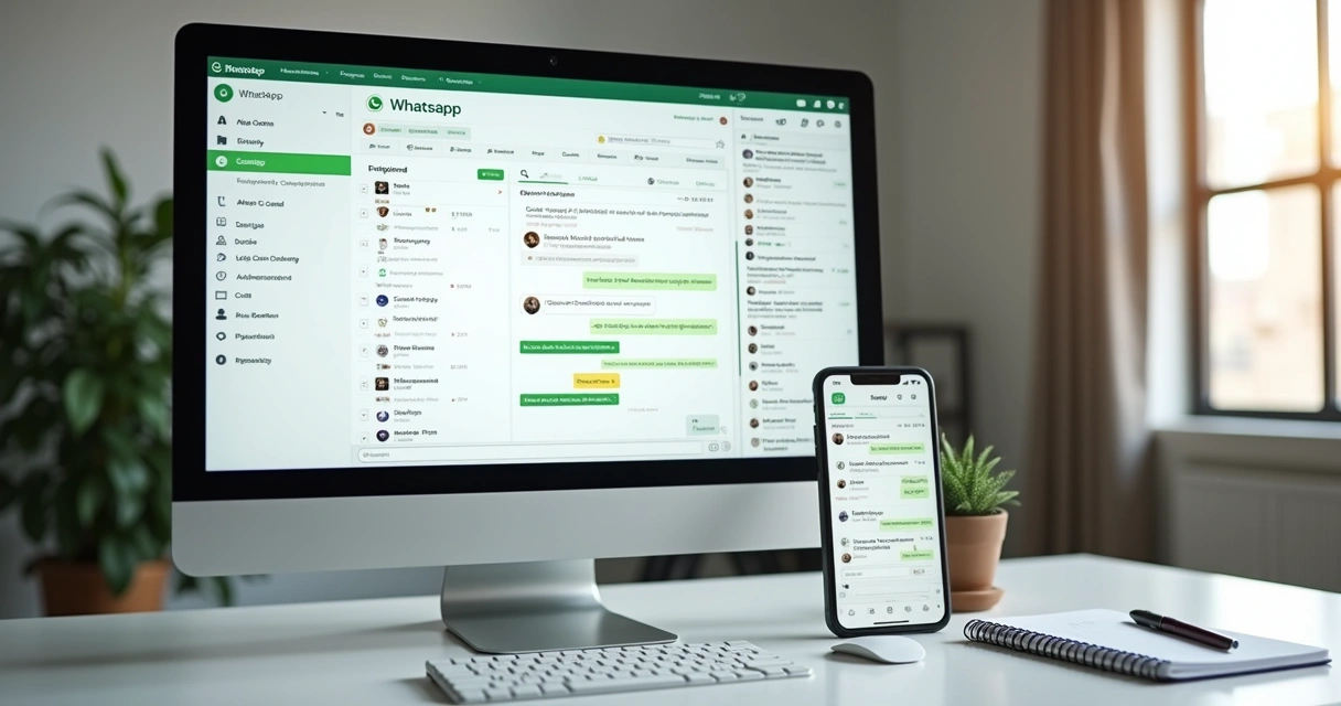 CRM panel with WhatsApp conversations and sales funnel