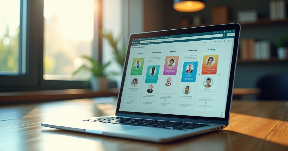 Painel de CRM integrado com WhatsApp mostrando etapas de vendas em colunas. 