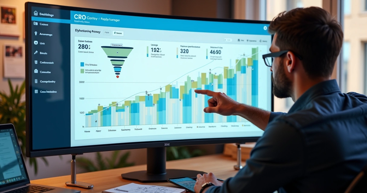 Gestora de marketing analisando painel de CRO com gráficos de matrículas 