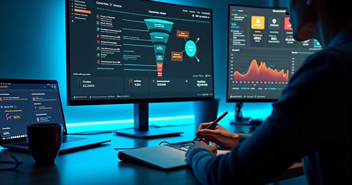 Profissional analisando painel de funil de conversão com gráficos de e-commerce e IA 