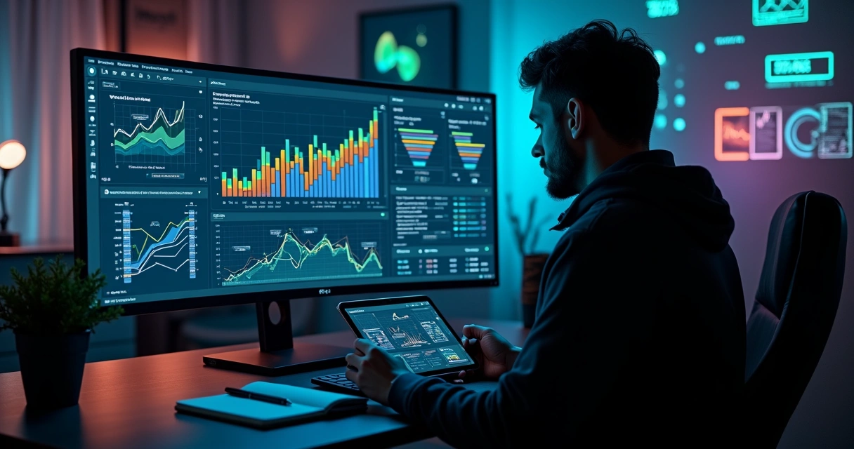 Analista observando painel com gráficos e fluxos de teste A/B em tela escura 