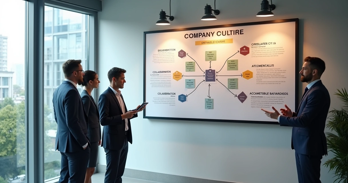Quadro de cultura empresarial com líderes discutindo comportamentos 