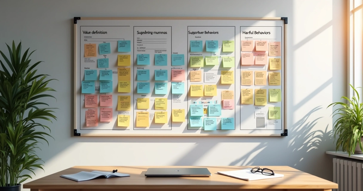 Painel visual com valores e comportamentos da equipe