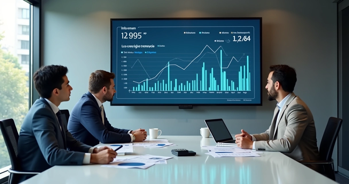 Painel financeiro com gráficos de custos e inflação em reunião empresarial 