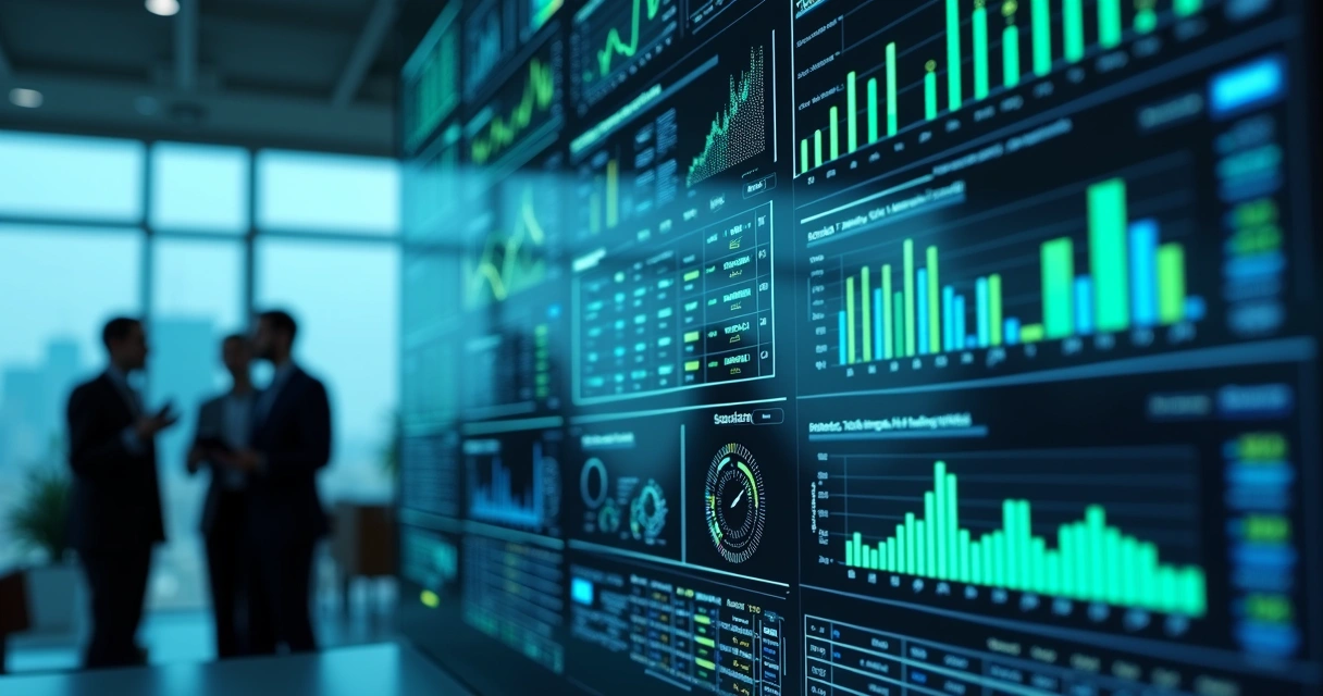 Painel digital com gráficos de dados de pesquisas de satisfação e tendências de consumo 