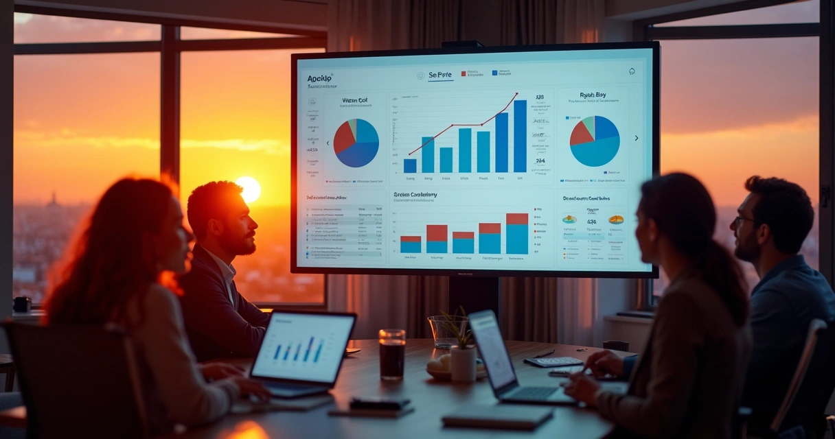 Painel digital com gráficos coloridos de atendimento e IA 
