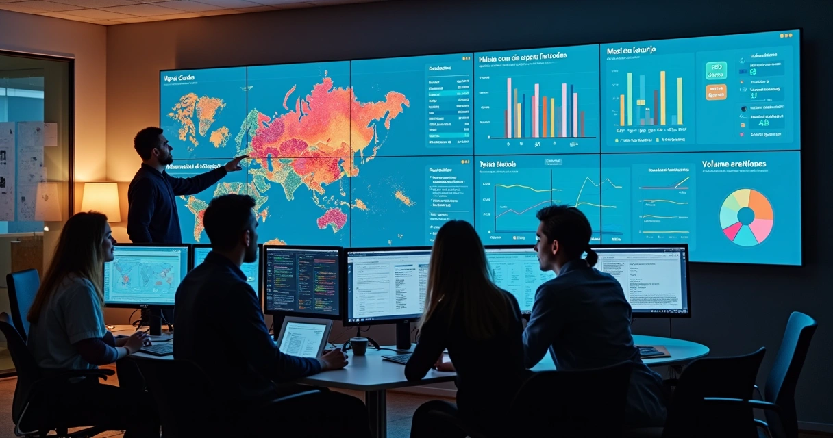 Equipe observa mapa de calor de dados de atendimento em tela grande em sala moderna 