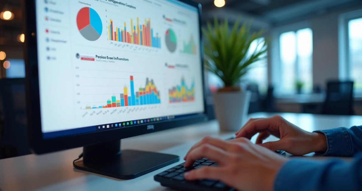 Tela de computador exibindo dashboard colorido de engajamento de campanha com gráficos e métricas. 