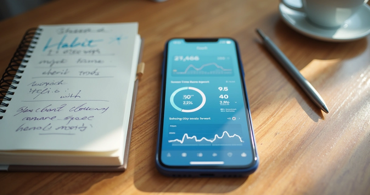 Tela de celular com gráficos de hábitos e caderno ao lado 