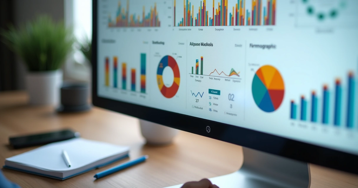 Painel com gráficos coloridos de análise de clientes em monitor amplo 