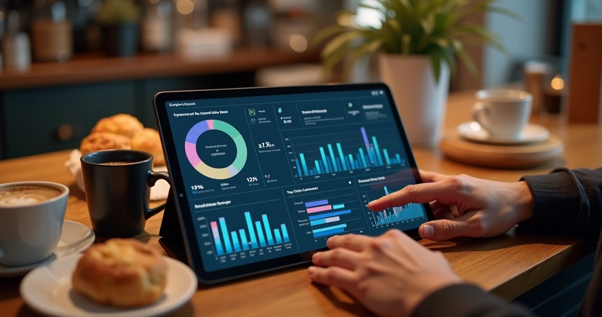 Painel digital mostrando dados e gráficos de clientes 