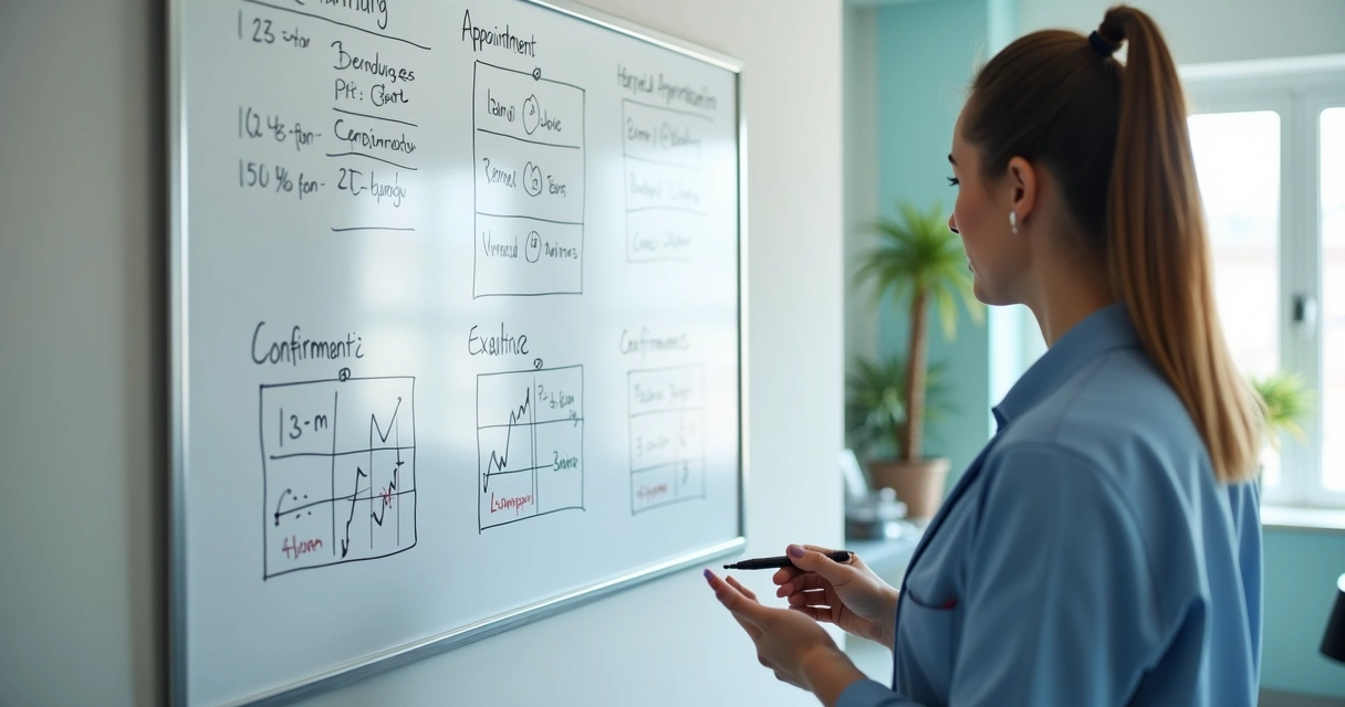 Painel branco em uma sala de clínica com gráficos simples desenhados a mão, mostrando dados de agendamentos e confirmações 
