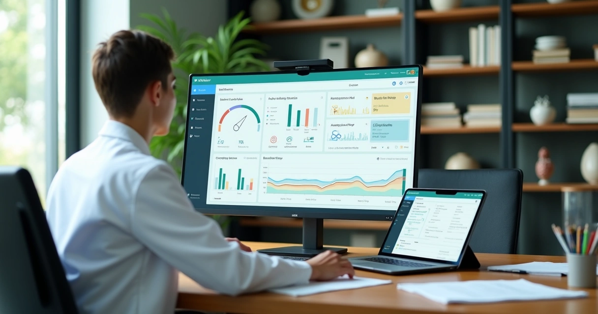 Nutricionista analisa painel clínico unificado com gráficos e dados integrados 