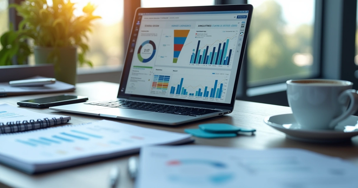 Painel comercial com gráficos, funil e anotações em mesa de trabalho