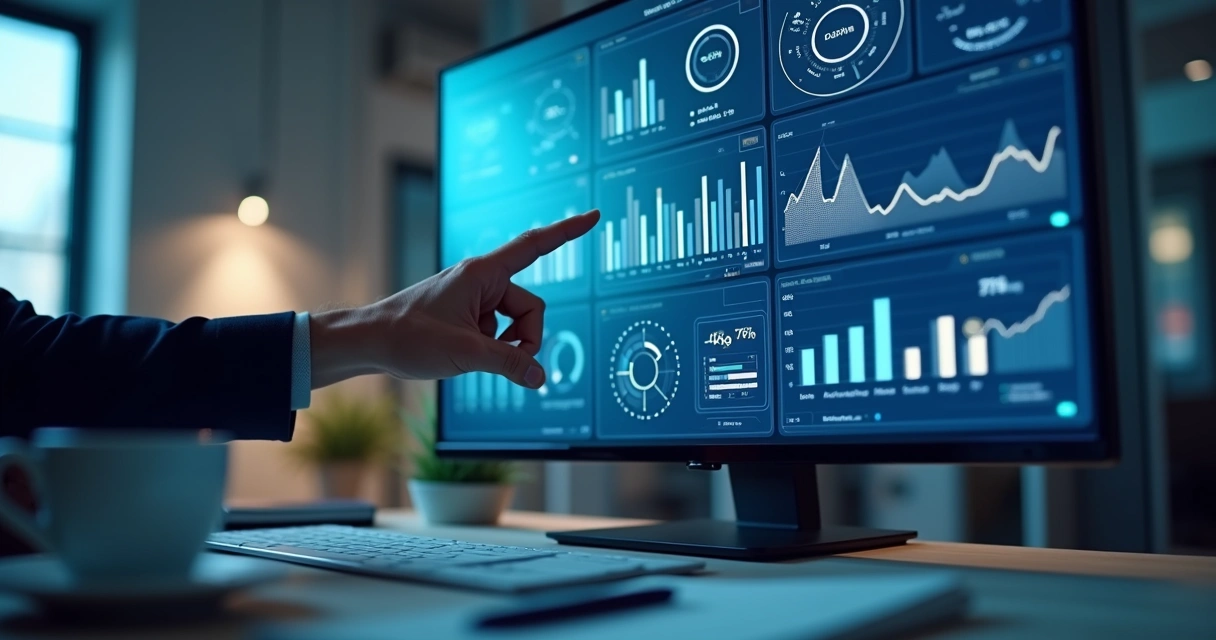 Painel corporativo com gráficos e indicadores de BI 