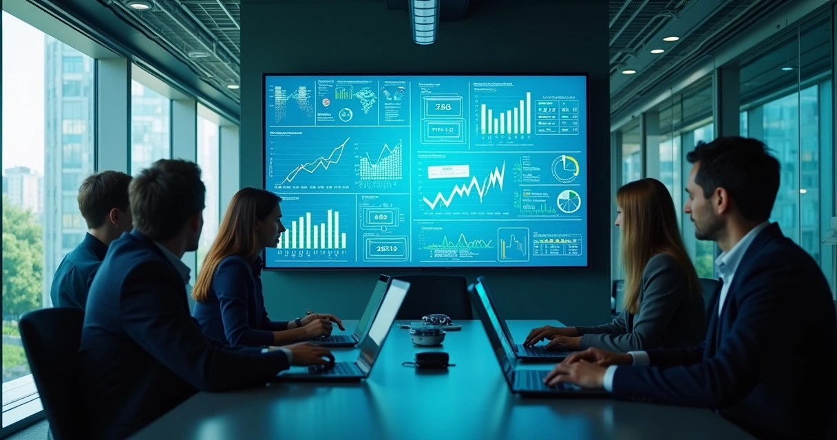 Painel corporativo com gráficos e indicadores em tela grande 