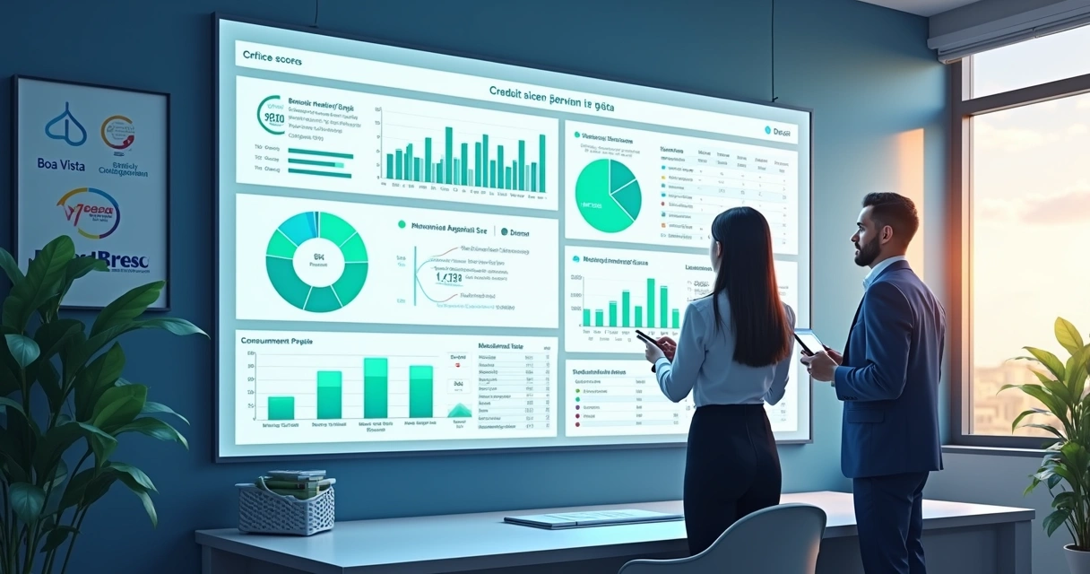 Interface digital com painel de dados e gráficos de análise de crédito