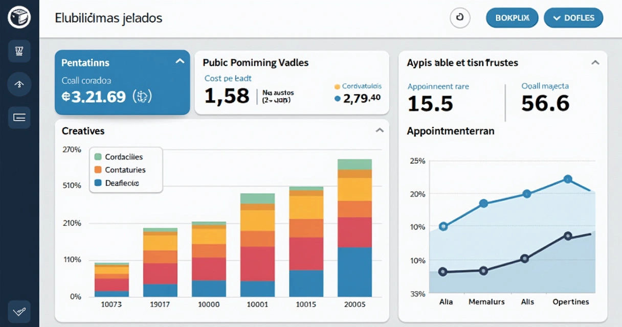 Painel de dados com desempenho de anúncios odontológicos em gráficos coloridos 