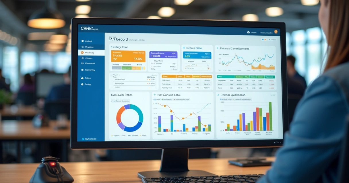 Dashboard de CRM com gráficos coloridos de vendas e qualificação de leads 