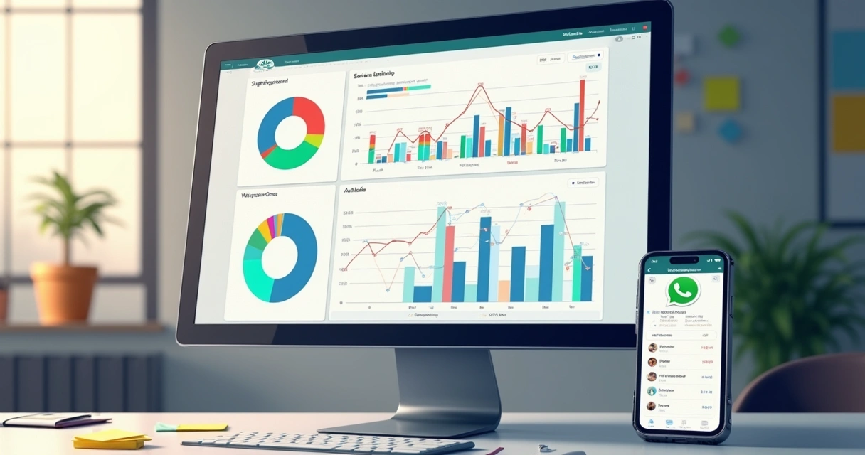 Painel de dashboard exibindo gráficos coloridos e indicadores de resultado ao lado de um celular com WhatsApp aberto 