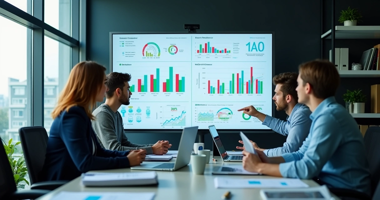 Painel com gráficos e equipe revisando dados 