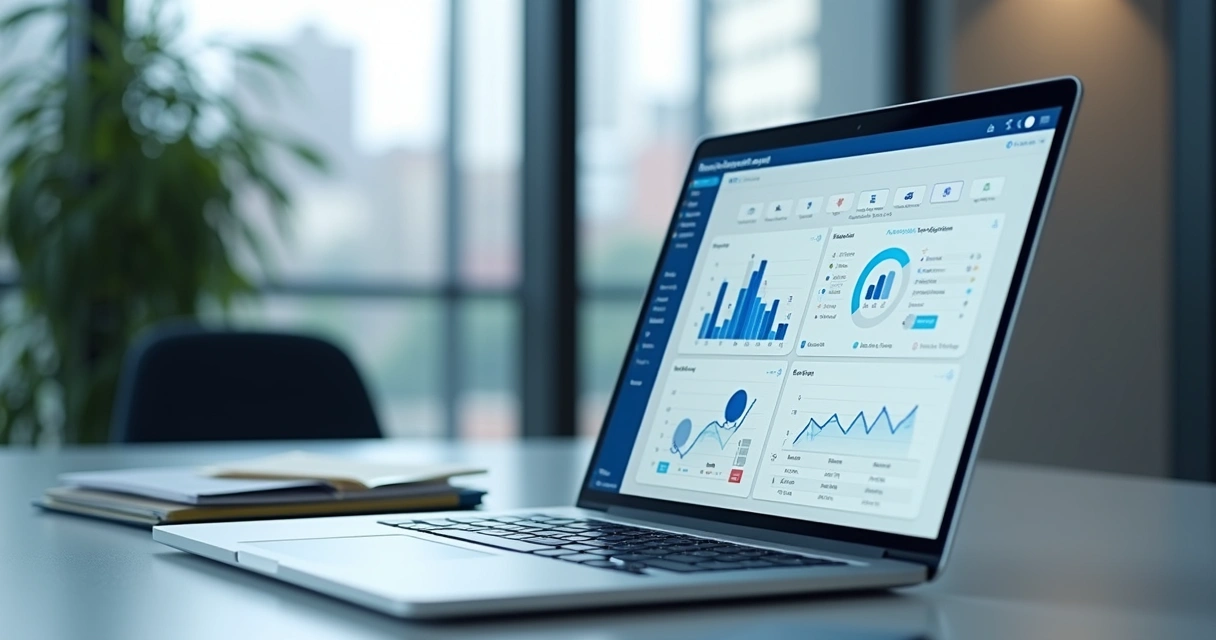 Painel com gráficos e dados empresariais em tela de notebook