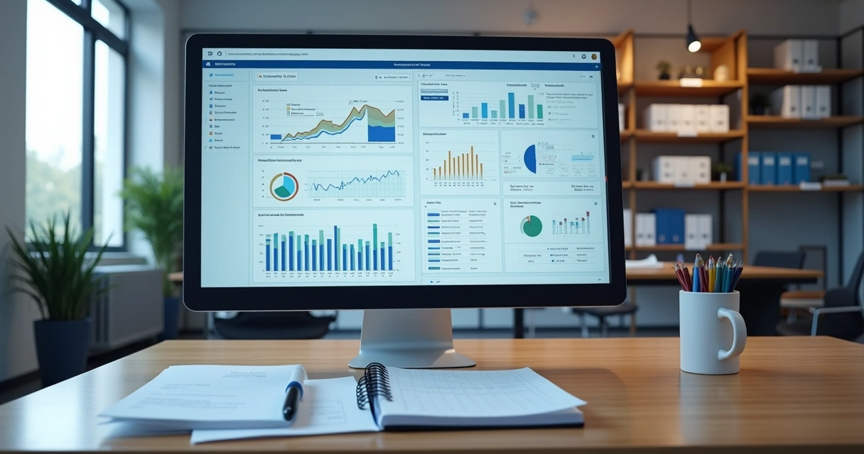 Painel digital com dados financeiros em escritório moderno 