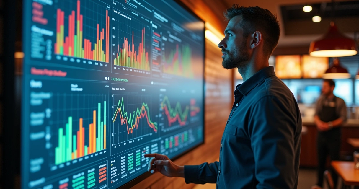 Gestor analisando painel digital de dados de restaurante com gráficos e dashboards na tela 