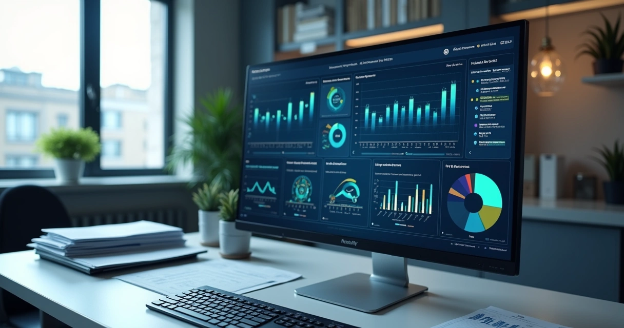 Painel com gráficos fiscais e documentos digitais em tela