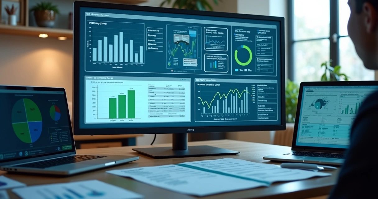 Painel com gráficos fiscais e documentos digitais em escritório 