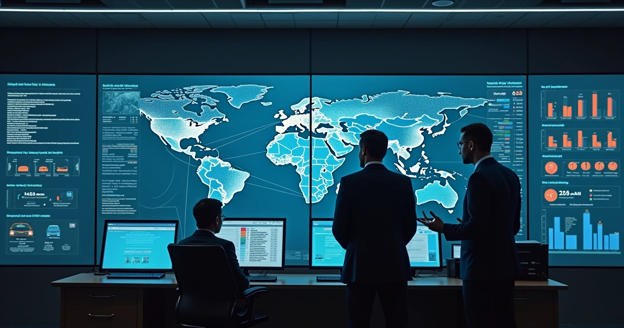 Tela grande com painel de dados de frota em sala de controle de empresa 