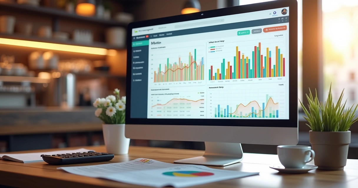 Dashboard digital com gráficos de vendas e consumo de insumos em tela de computador 