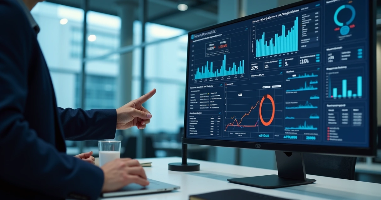 Painel corporativo com gráficos e alertas de inconsistência de dados 