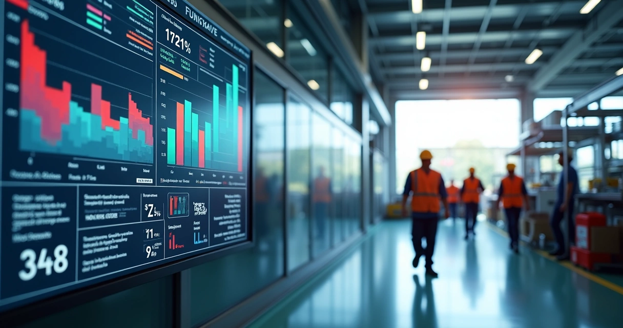 Painel digital industrial exibindo gráficos de produção e alertas visuais 