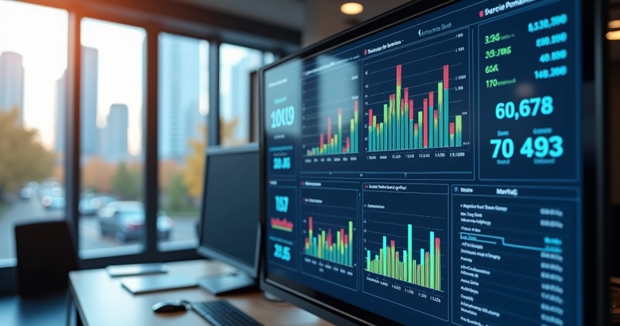 Painel digital com dados e gráficos de vendas 