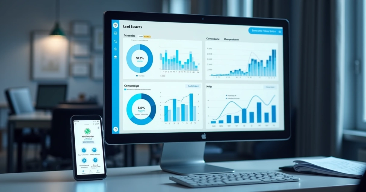 Painel de dados com leads, origens e métricas de conversão