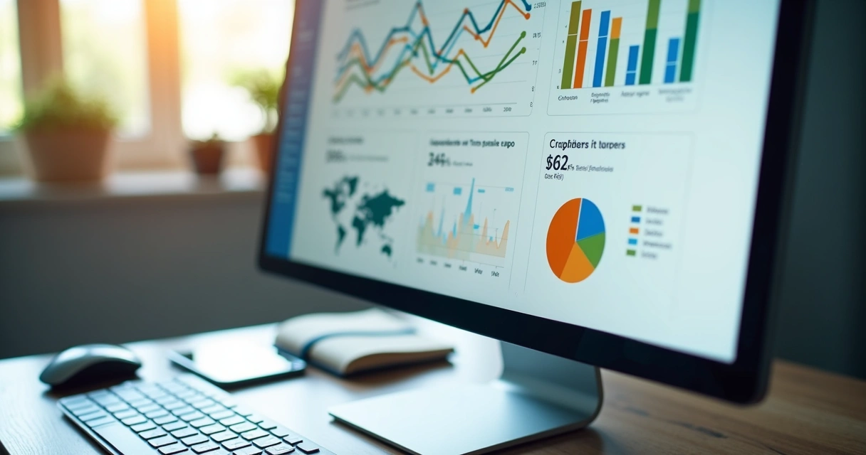 Painel de dados de marketing com gráficos e métricas em tela