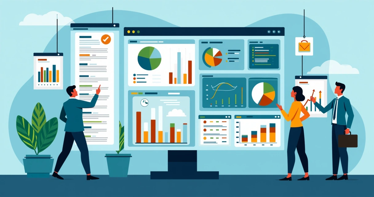 Dashboard digital com dados de marketing, gráficos e métricas em destaque 