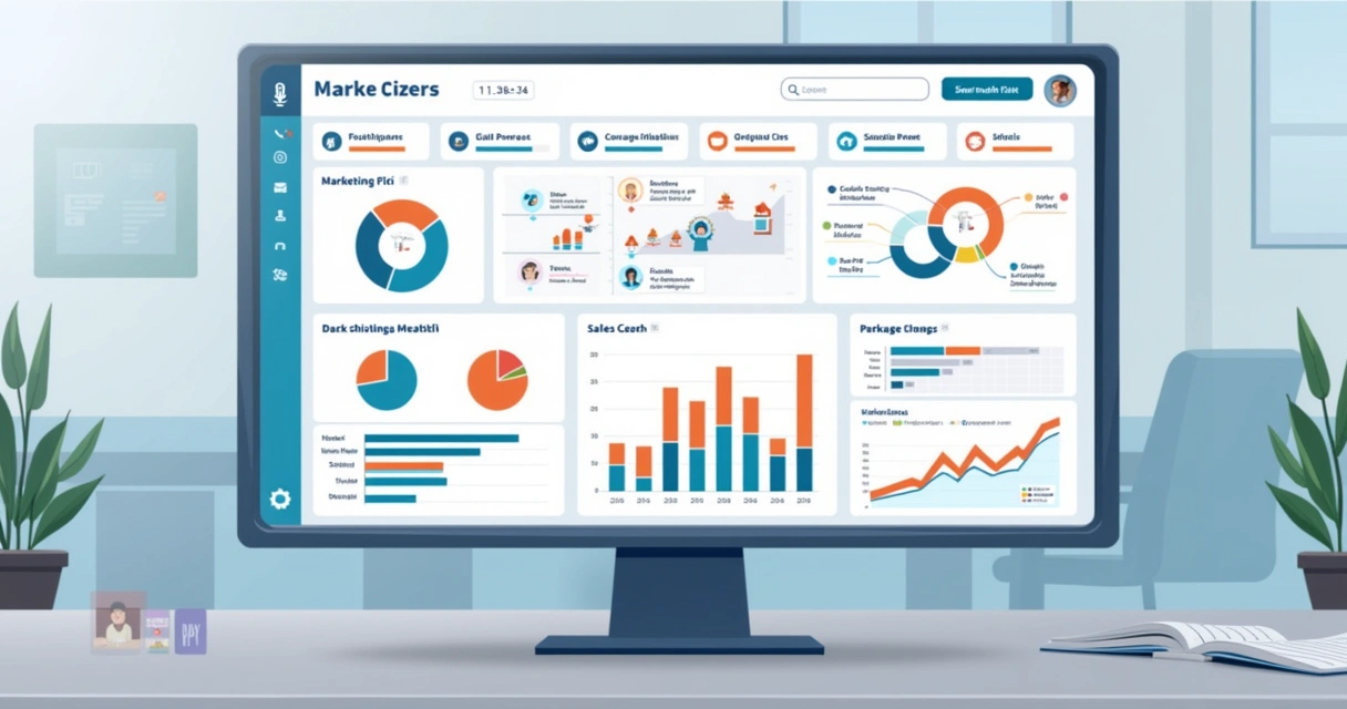 Painel de dados de marketing digital com gráficos coloridos 