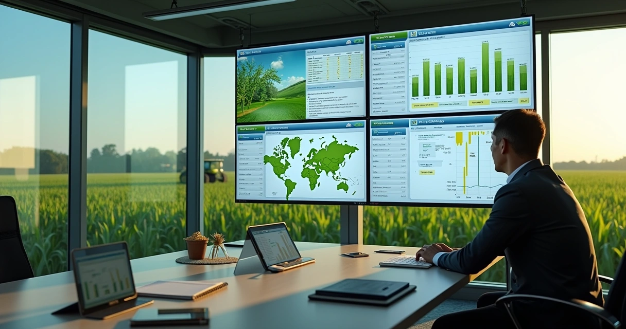 Painel digital com mapas e lavoura ao fundo 